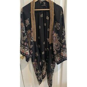 Women’s Kimono Cover Up Beach Pool Honey Punch Boho Black Paisley Floral M/L